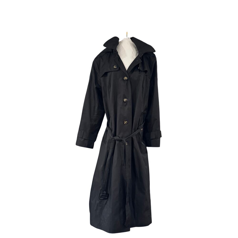 London Fog Women’s 2X Black Maxi Trench Coat Hooded Belted Long Raincoat